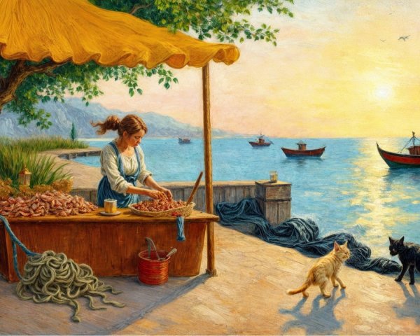Serene seaside scene with a woman at a market stall