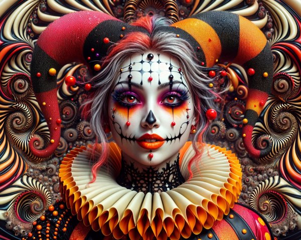 Elaborate Jester Makeup with Spiraled Horns and Patterns