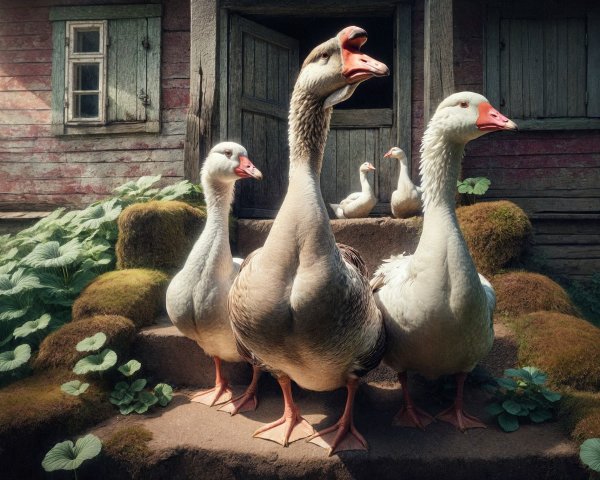 Geese on Steps of Rustic House in Lush Greenery