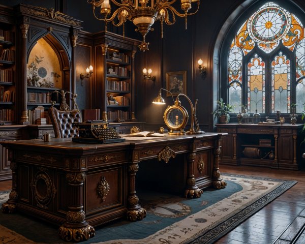 Opulent Home Office with Dark Wood Furnishings and Decor