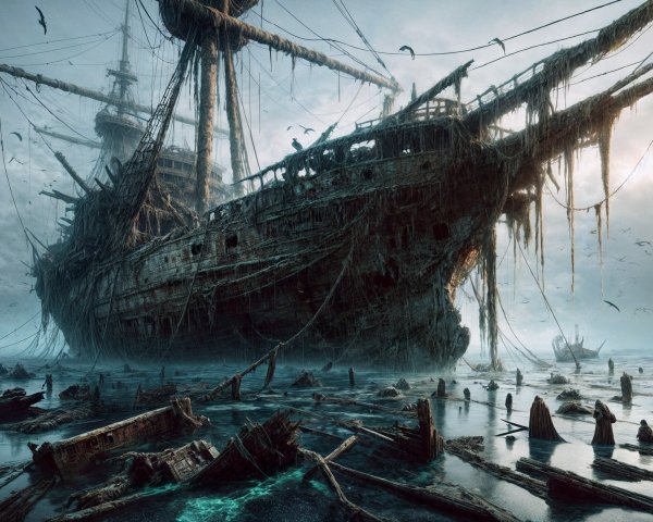 Abandoned Ship Surrounded by Fog and Wreckage