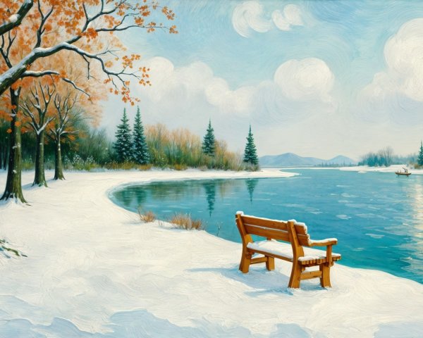 Serene Winter Landscape with River and Snowy Shoreline