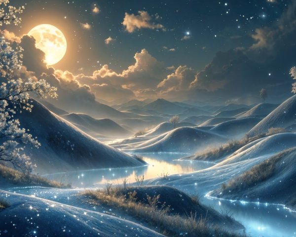 Nighttime Landscape with Snowy Hills and Full Moon