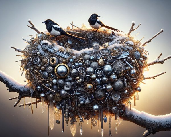Whimsical Metallic Nest with Birds on Snowy Branch