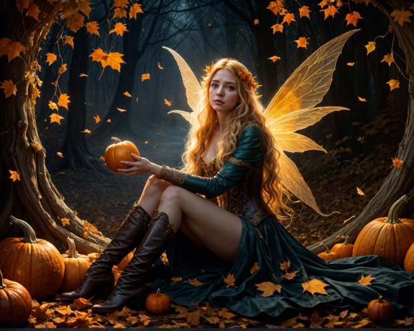 Whimsical Fairy in a Magical Autumn Forest Setting
