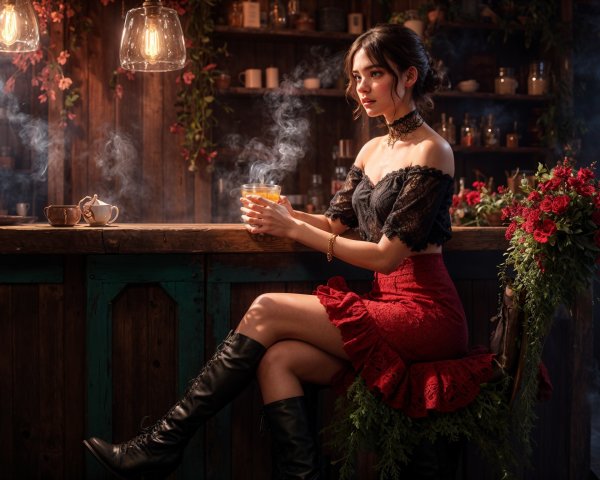Woman in Off-Shoulder Top at Rustic Bar Setting