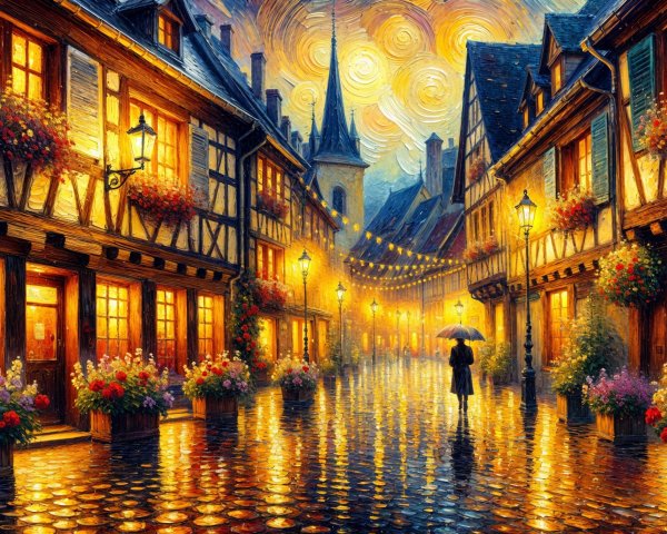 Charming Cobblestone Street with Golden Lights and Stars