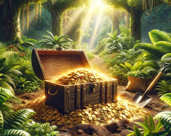 Treasure Chest Surrounded by Lush Jungle Foliage