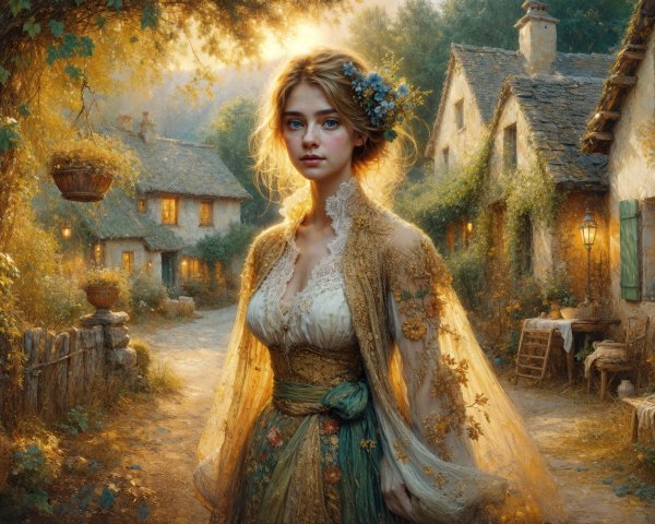 Village Scene with Young Woman in Floral Dress