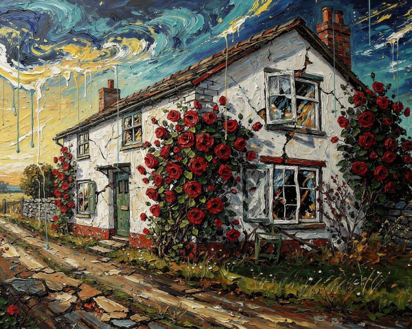 Impressionistic Painting of a Cottage with Roses