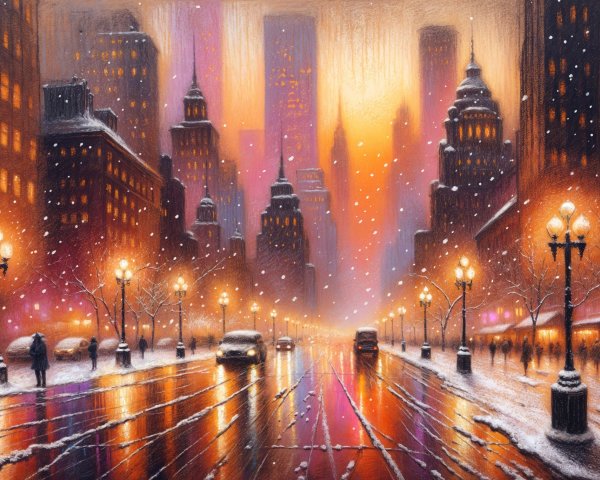 Snowy Urban Evening with Vibrant City Lights
