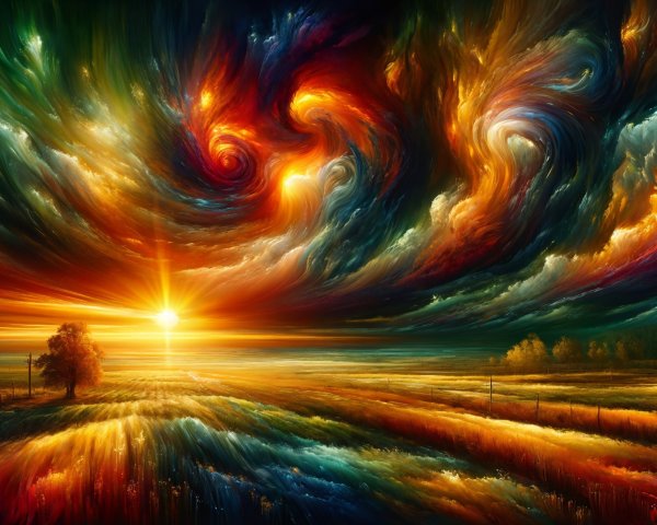 Vibrant Sunset Landscape with Dramatic Clouds and Tree