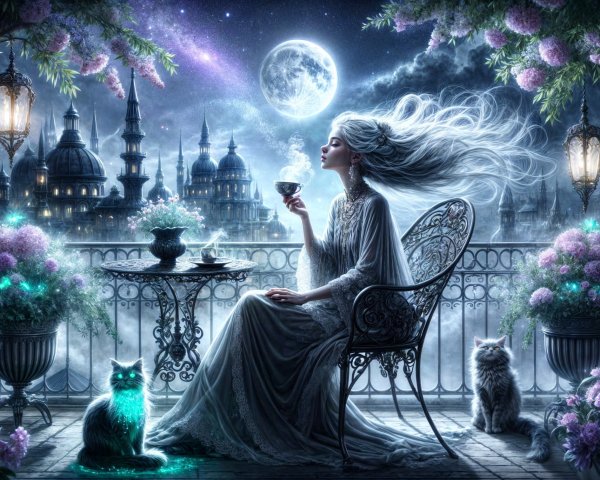 Moonlit Balcony Scene with Woman and Enchanting Cats