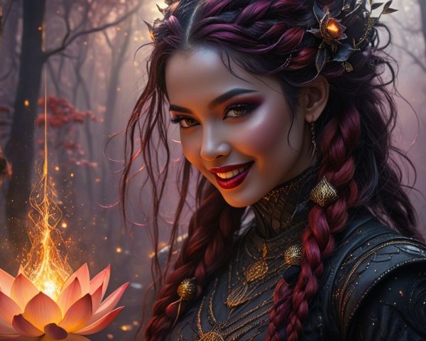 Mystical Forest with Enchanting Woman and Lotus Flower