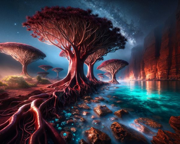 Surreal Landscape with Alien Trees and Starlit Sky