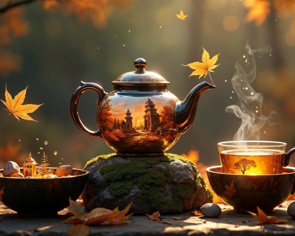 Copper Teapot in Autumn Scene with Tea and Leaves