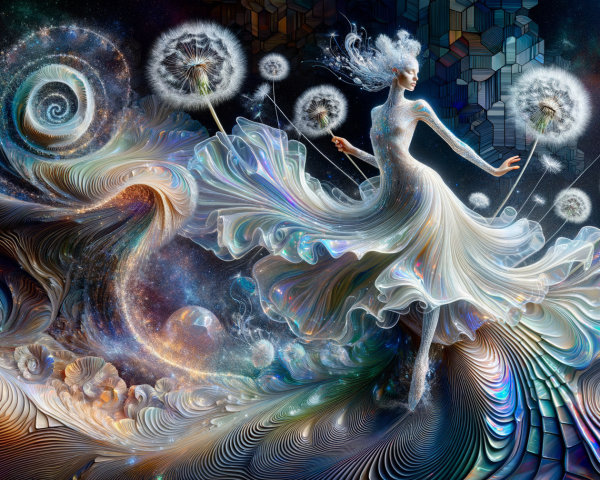 Ethereal Dance Amidst Cosmic Patterns and Dandelions