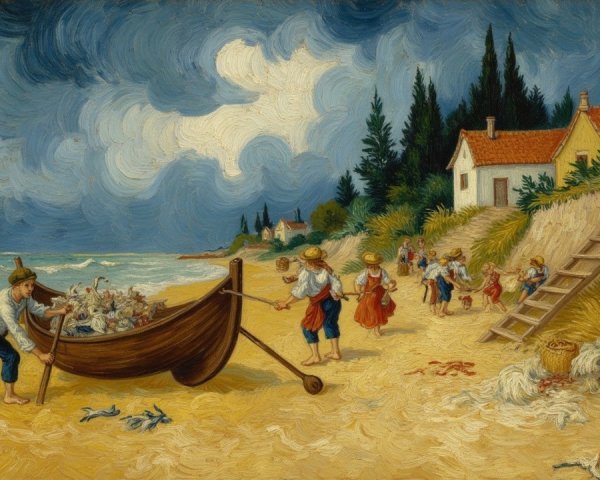 Vibrant Beach Scene with Fishermen and Traditional Attire