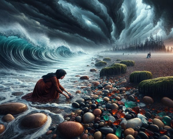 Dramatic Coastal Scene with Figure and Colorful Stones