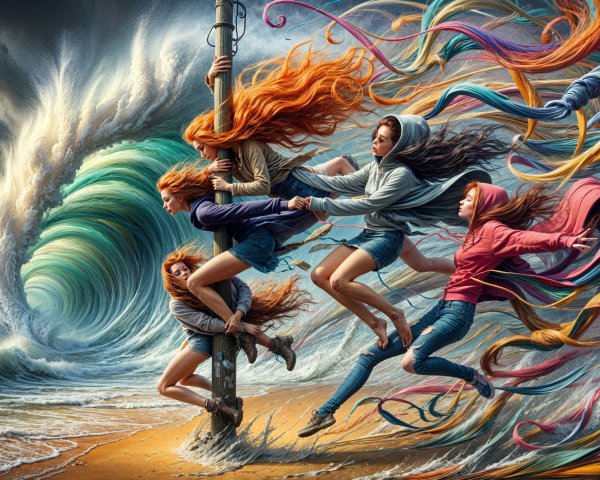 Five Girls Facing a Massive Wave on a Beach