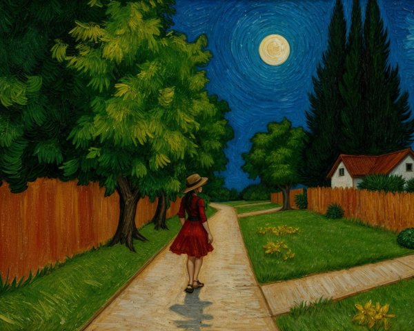 Serene Night Scene with Woman in Red Dress and Moon