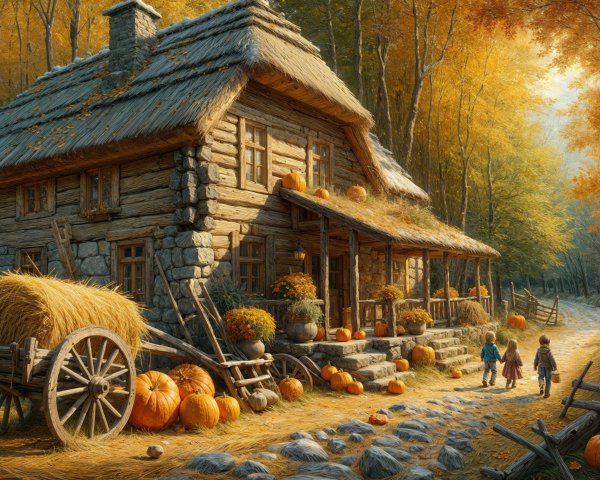 Wooden Cottage in Vibrant Autumn Forest Setting