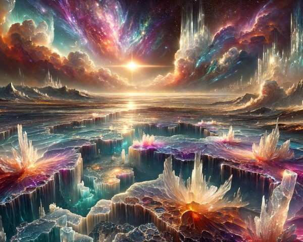 Alien Landscape with Crystalline Structures and Galaxies