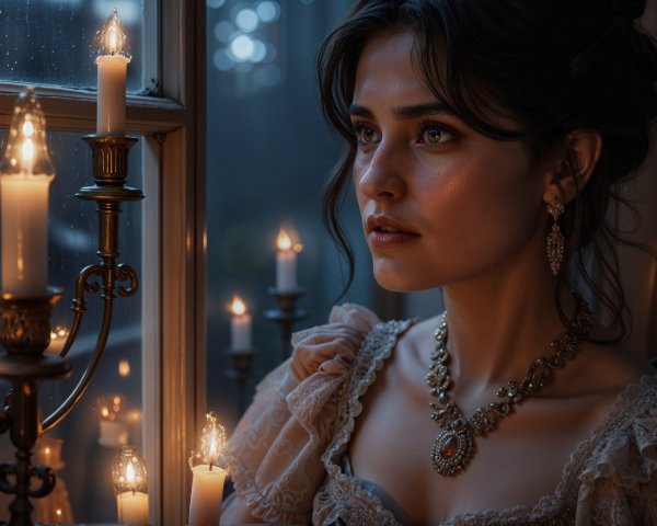 Young woman in vintage dress by candlelight window