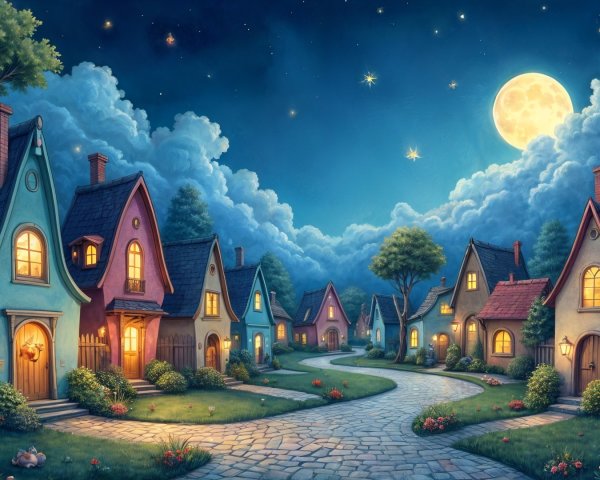Whimsical Village Scene Under Starry Night Sky