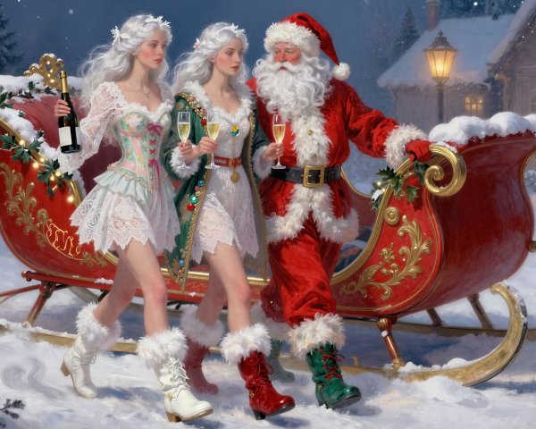 Santa Claus with Elves and Festive Sleigh in Winter Scene