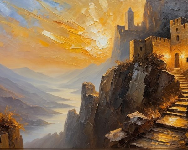 Expressionist Oil Painting of a Castle on a Mountain