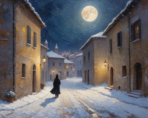 Solitary Figure in a Snowy Winter Village Scene