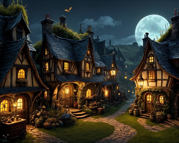 Charming Nighttime Village Scene with Cottages and Moon