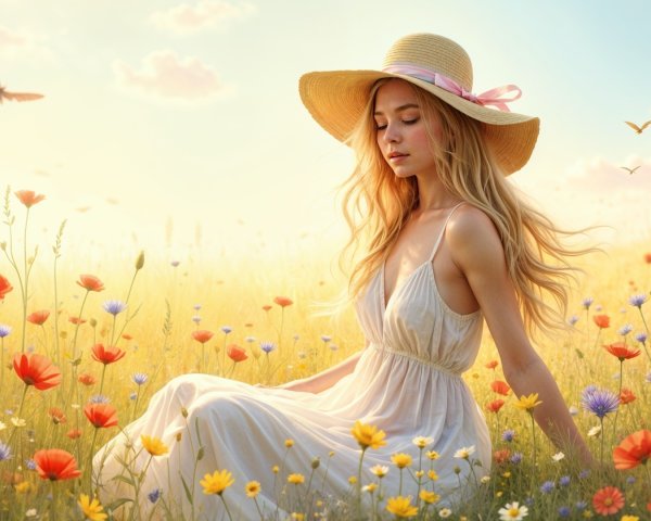 Sunlit Meadow with Wildflowers and Young Woman