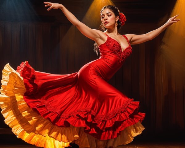 Dancer in Red Dress with Yellow Ruffle on Stage