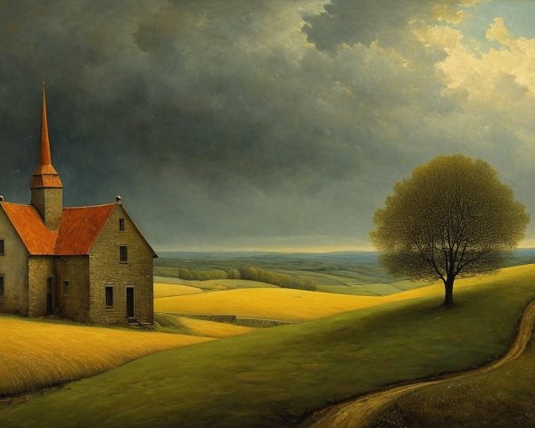 Impressionist Painting of Church on a Hill with Fields