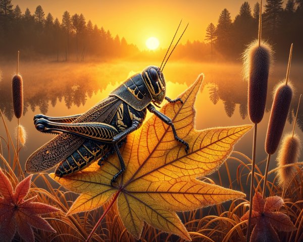 Close-up of a grasshopper on an autumn leaf by a lake