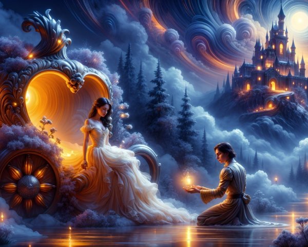 Young Woman in Gown in Glowing Carriage Scene