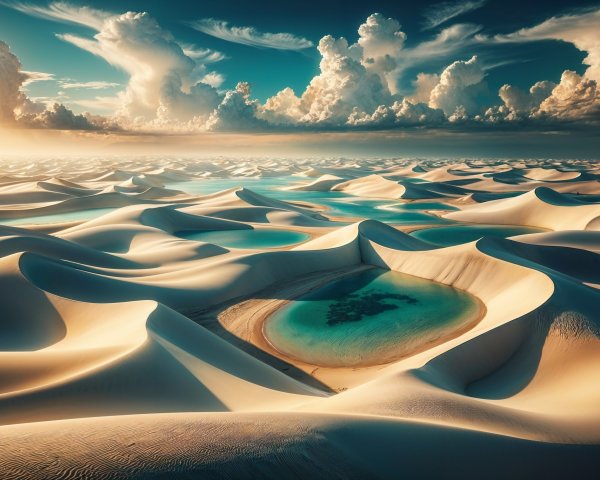 Desert Landscape with White Dunes and Turquoise Pools