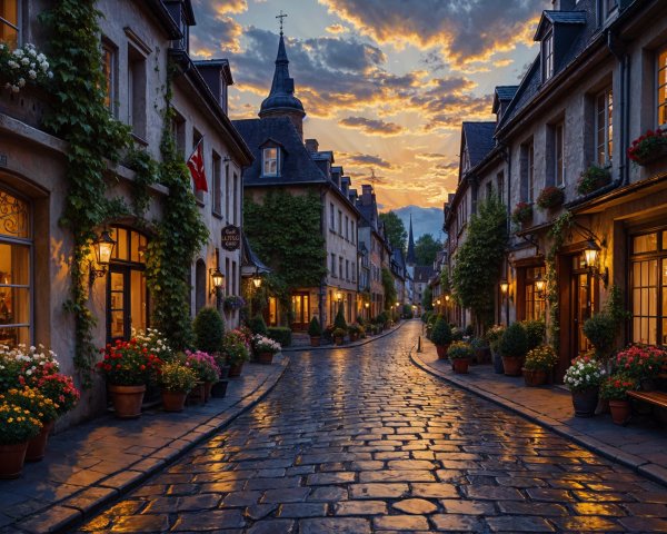 Charming Cobblestone Street with Quaint Buildings and Flowers
