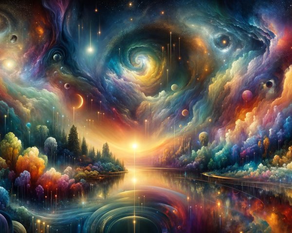 Vibrant Cosmic Landscape with Swirling Galaxies