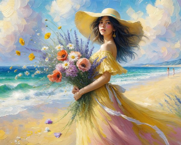 Young Woman in Yellow Dress on Serene Beach Scene