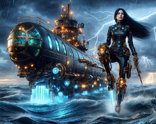 Futuristic female figure beside intricate submarine in storm