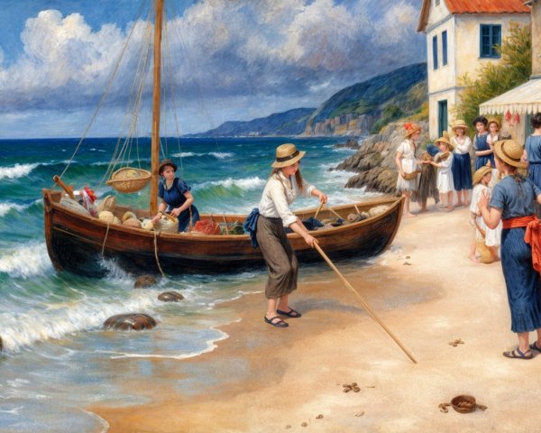 Sunlit Beach Scene with Women and Fishing Boat