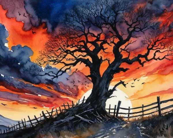 Dramatic Landscape with Silhouetted Tree at Sunset