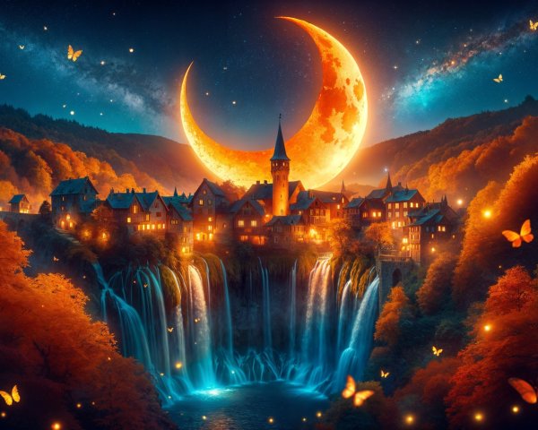 Mystical Village Under Moonlight with Autumn Trees