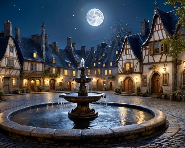 Moonlit Cobblestone Square with Quaint Houses and Fountain