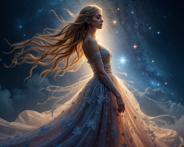 Ethereal Woman in Starry Night Sky with Flowing Hair