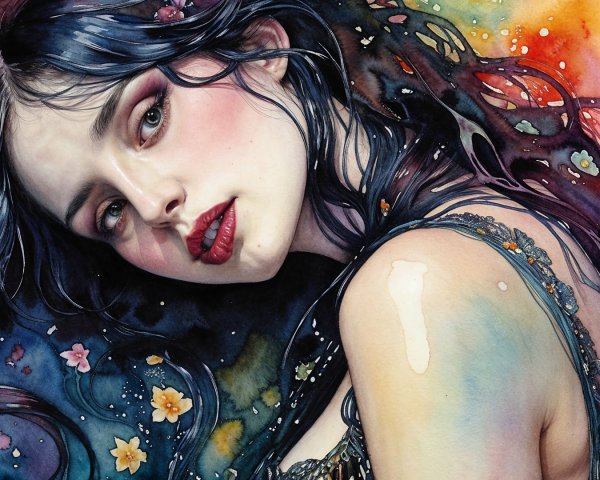 Watercolor Portrait of a Young Woman with Flowers