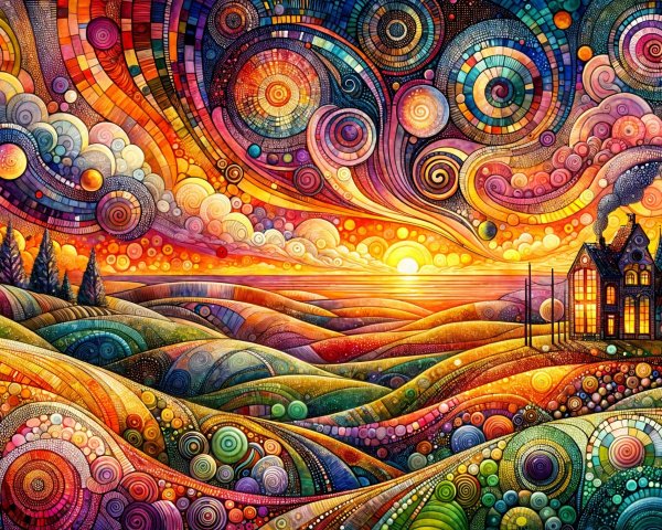 Vibrant Whimsical Landscape with Bold Colors and Patterns